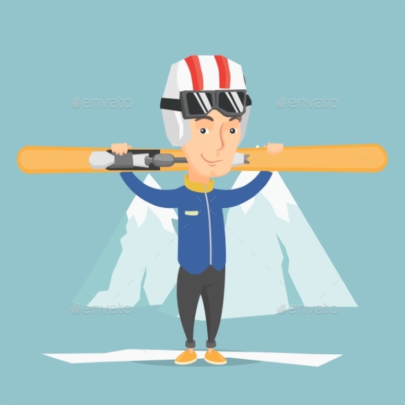 Man Holding Skis Vector Illustration - Sports/Activity Conceptual