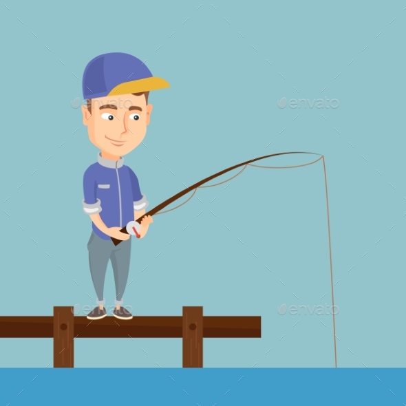 Man Fishing on Jetty Vector Illustration - Sports/Activity Conceptual
