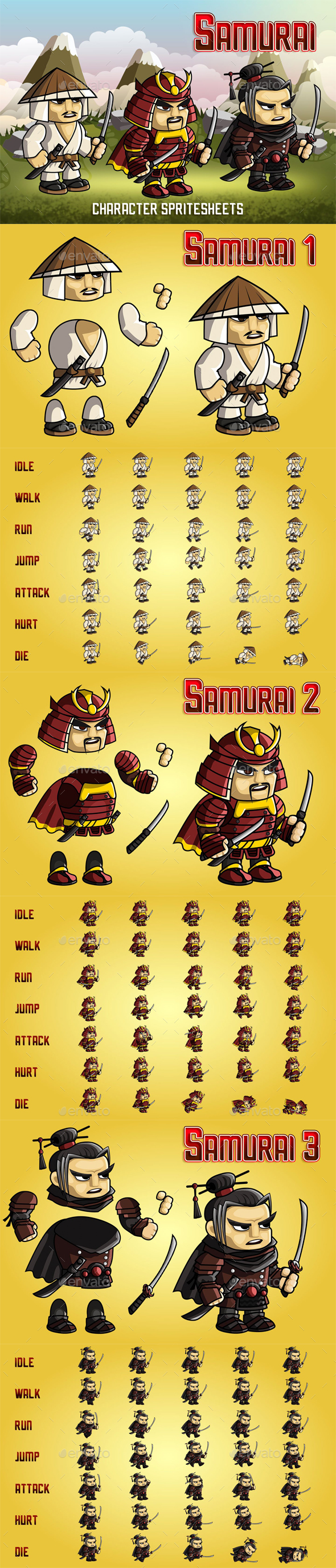 Samurai 2D Game Character Sprite Sheet