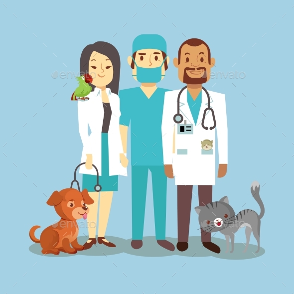 Veterinarian Staff with Pets Isolated on Blue