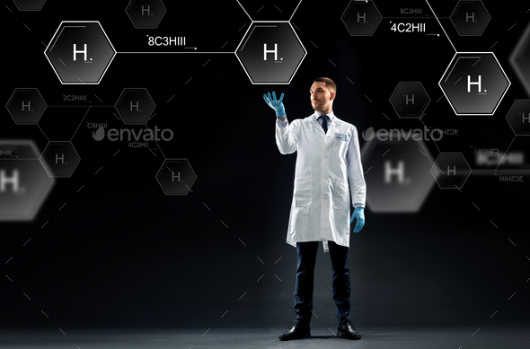 scientist with virtual chemical formula projection - Stock Photo - Images