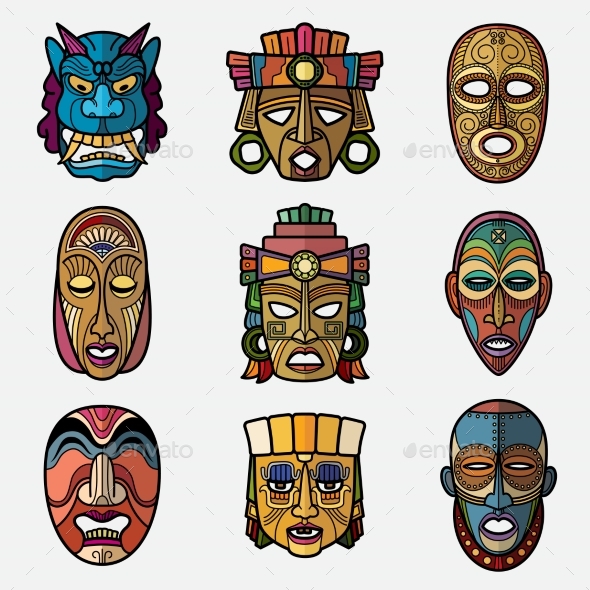African Craft Voodoo Tribal Mask and Inca South - Objects Vectors