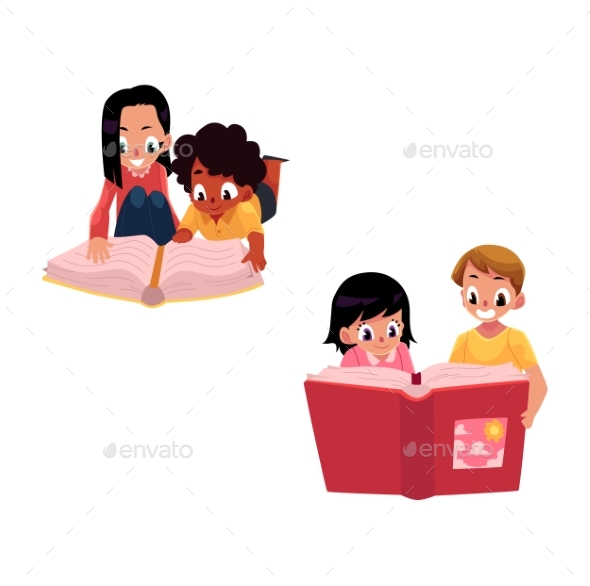 Set of Kids Reading Thick Book Together - People Characters