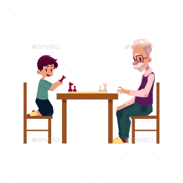 Grandfather Playing Chess with His Grandson - People Characters