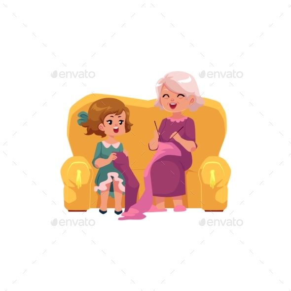 Grandmother Teaching Her Granddaughter to Knit - People Characters