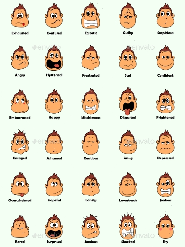 GraphicRiver Set of 30 Monkey Emotions on White Background 20704166