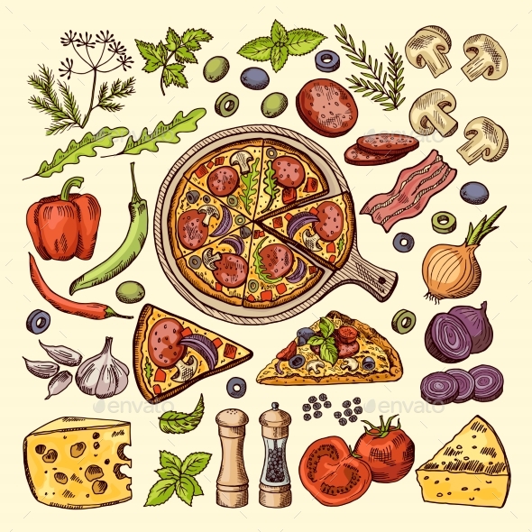 Slices of Pizza with Cheeses, Olives and Other - Food Objects