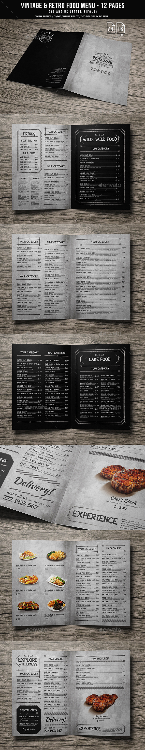 Vintage And Retro Bifold Menu A4 & US Letter - 12 pgs - Food Menus Print Templates