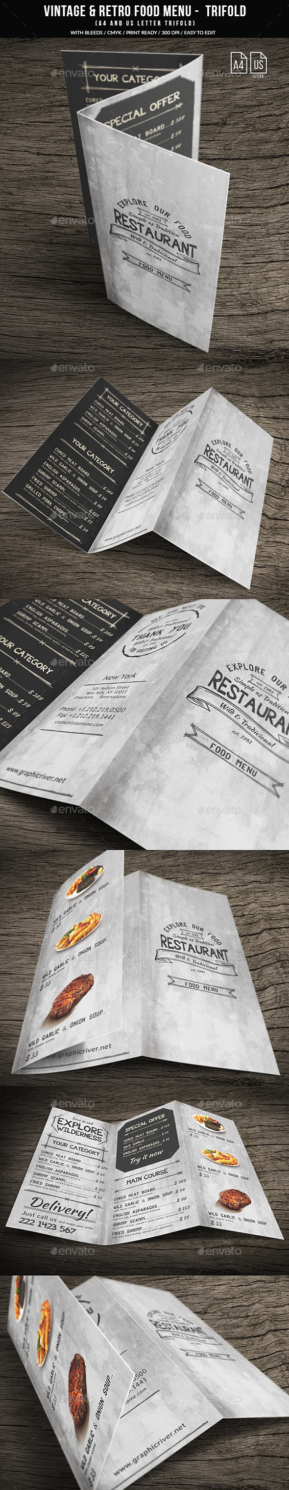 Vintage And Retro Trifold Menu A4 & US Letter - Food Menus Print Templates