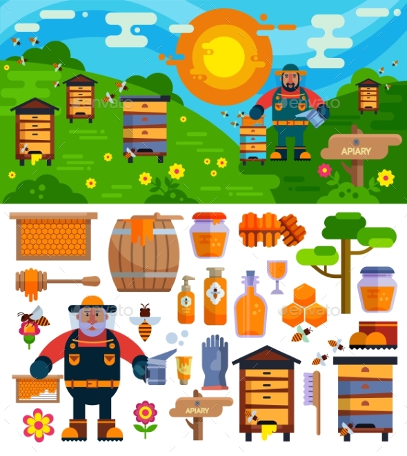 Apiary Beekeeper Vector Honey Making Farm Symbols - Nature Conceptual