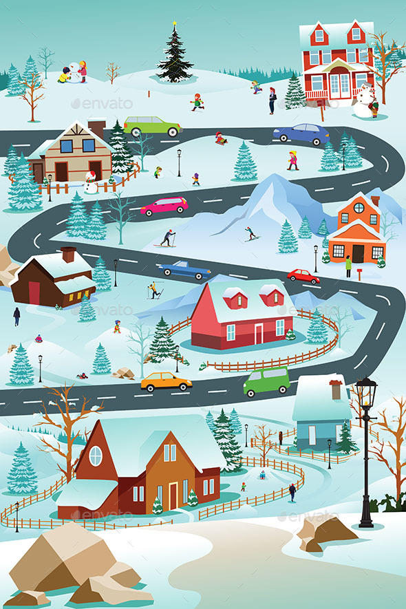 Winter Village With People Cars and Buildings Illustration