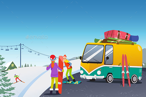 GraphicRiver Couple Snowboarding at a Winter Resort 20709752
