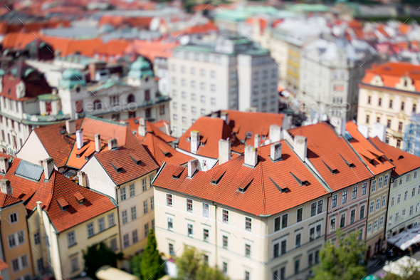 Prague view of the city from above. Tilt shift lens.