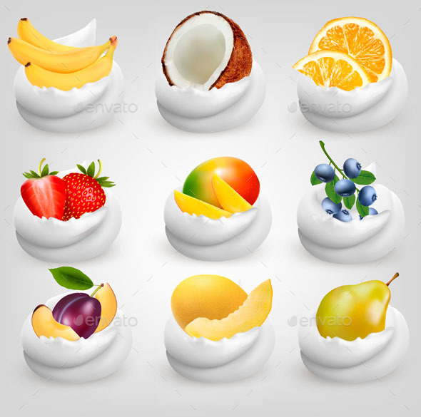 Big Collection Of Fruit In Cream. Vector - Food Objects