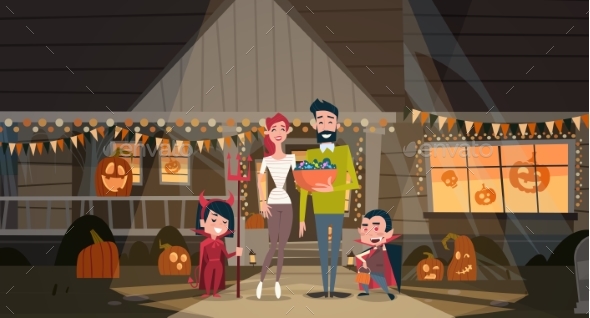 Family Celebrates Halloween Parents and Kids