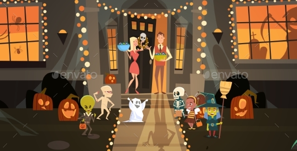 Kids Wearing Monster Costumes Walking to House - Halloween Seasons/Holidays