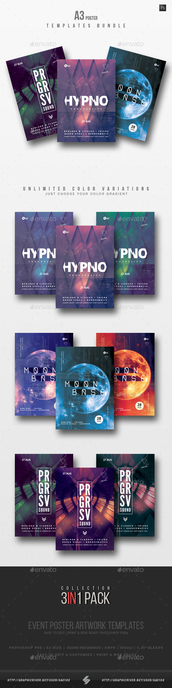 Progressive Sound vol.7 - Party Flyer / Poster Templates Bundle - Clubs & Parties Events