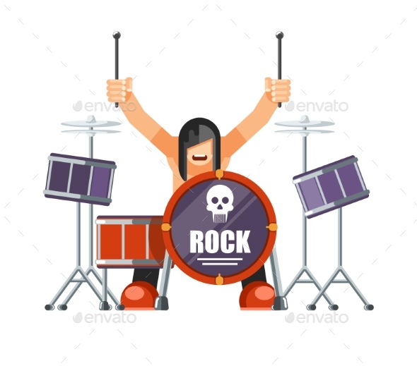 Rock Musician with Long Hair Plays Drums - People Characters