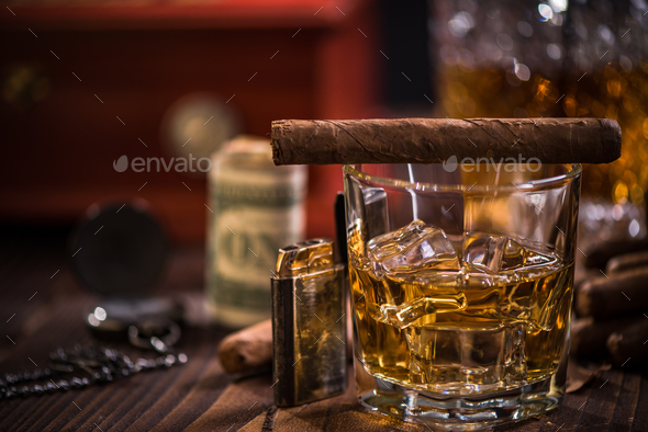 Glass of Scotch or Cognac and Cigar