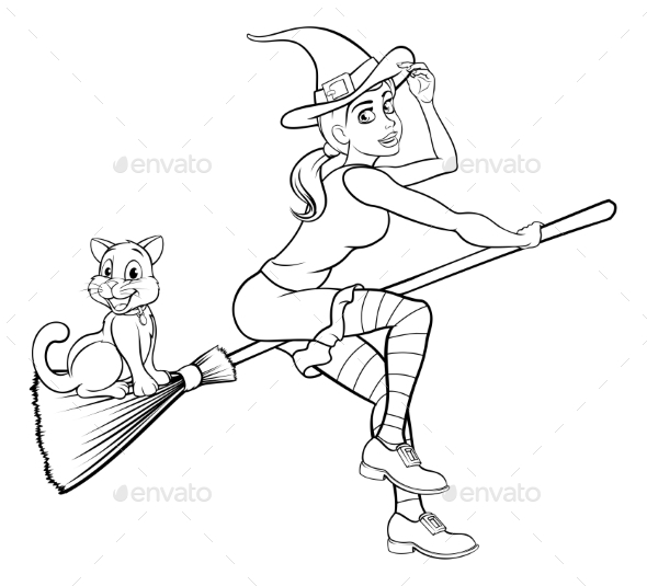 GraphicRiver Halloween Witch and Cat Flying on Broomstick 20711839