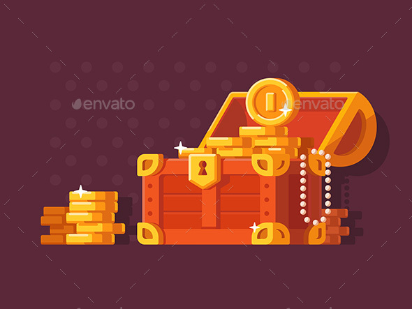 Wooden Chest with Golden Coins - Man-made Objects Objects