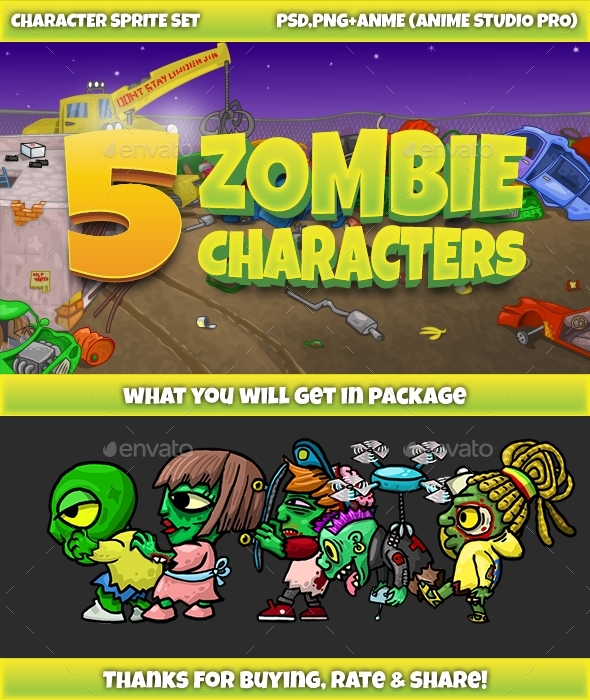 5 Zombies Pack №1 - Sprites Game Assets