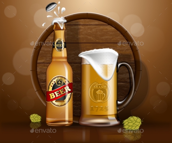 Beer Bottle and Mug with Wooden Barrel - Miscellaneous Vectors