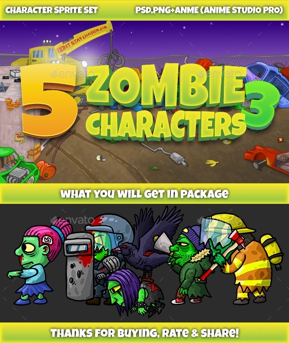 5 Zombies Pack №3 - Sprites Game Assets