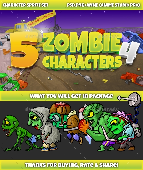 5 Zombies Pack №4 - Sprites Game Assets