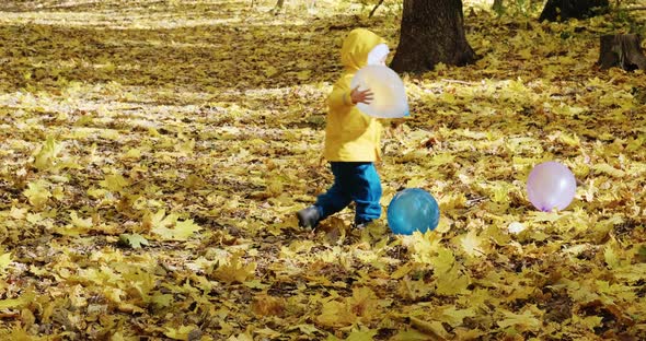 Little Child Plays with Balloons in the Autumn Park