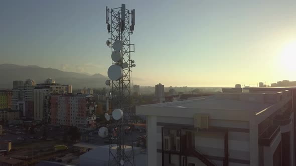 4G and 5G telecommunications tower shooting from a drone alt