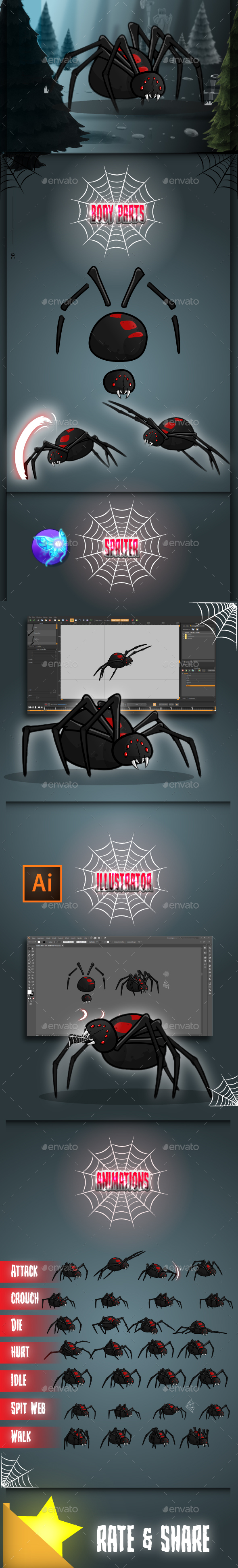 Giant Black Widow Spider Game Sprites - Sprites Game Assets