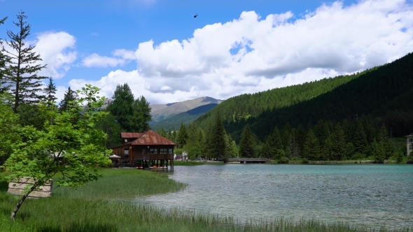 Lake Dobbiaco in the Dolomites, Italy alt