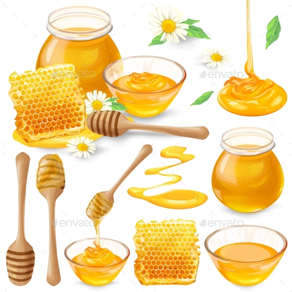 Set of Vector Illustrations of Honey in Honeycombs - Food Objects