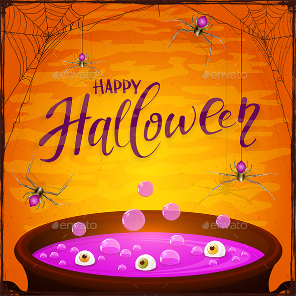 Halloween Cauldron with Purple Potion and Spiders on Orange Background - Halloween Seasons/Holidays
