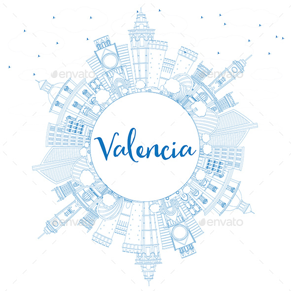 GraphicRiver Outline Valencia Skyline with Blue Buildings and Copy Space 20721091