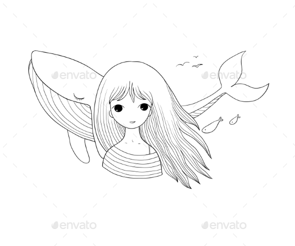 Young Girl Sailor with a Whale - Animals Characters