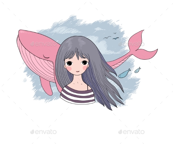 Young Girl Sailor with a Whale - Animals Characters