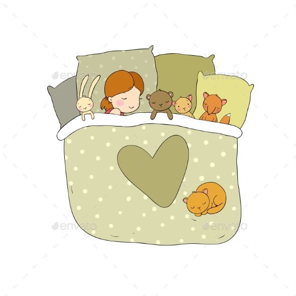 Child Is Sleeping with Her Toys - People Characters