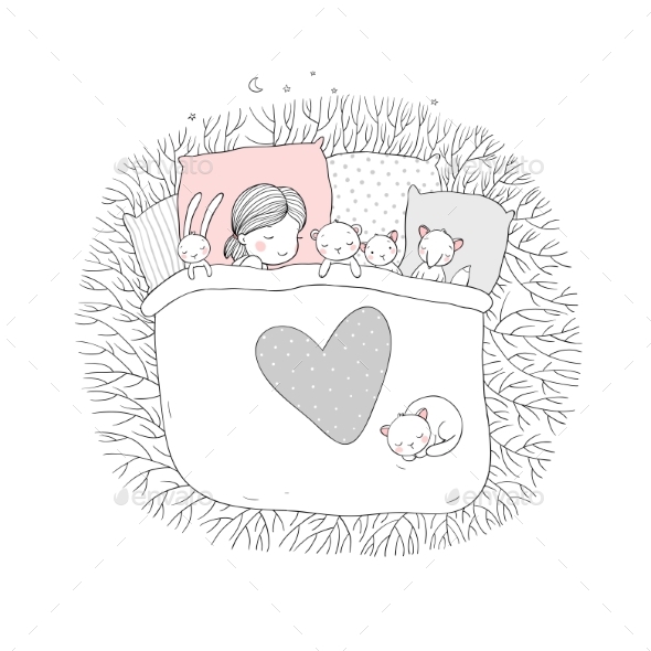 Child is Sleeping with Her Toys - People Characters