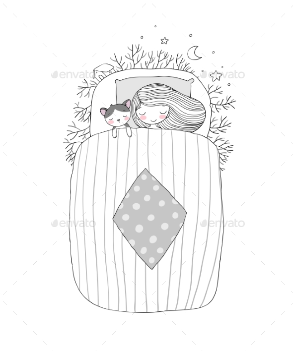 Girl and a Cat Sleep in Bed - People Characters
