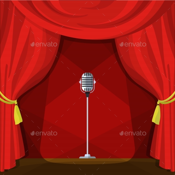 Scene with Red Curtains and Retro Microphone - Man-made Objects Objects