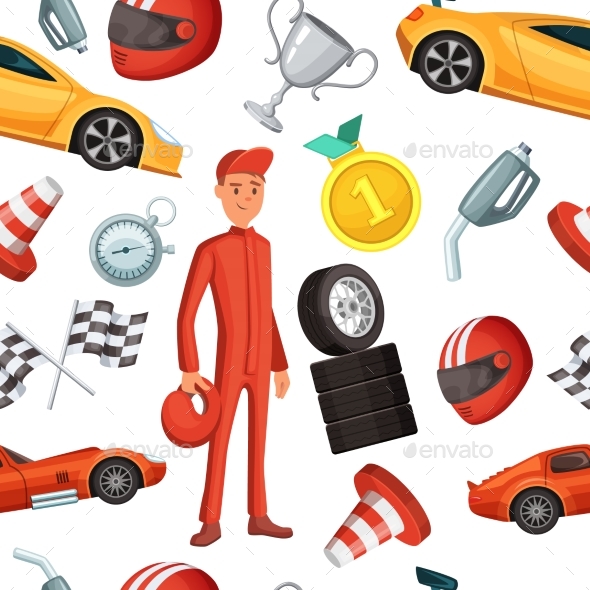Seamless Pattern with Racer and Racing Sport Cars