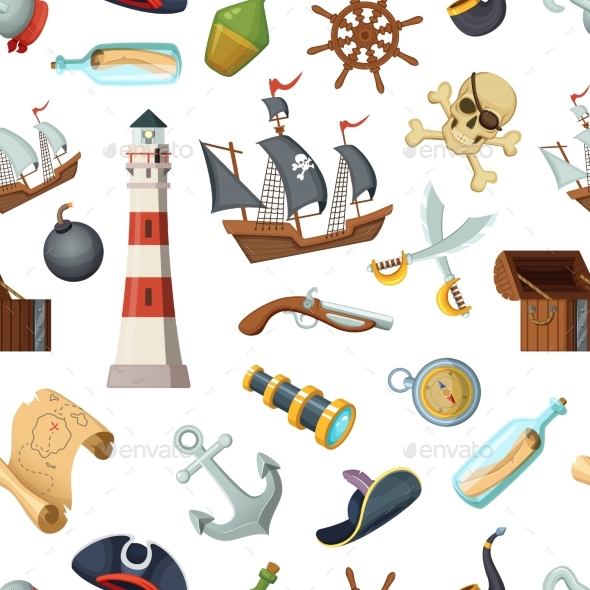 Marine Seamless Pattern with Different Pirates - Backgrounds Decorative