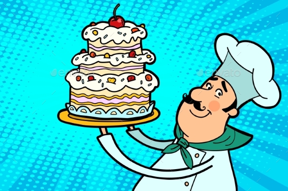 Chef Cook Character with Cherry Cake - Food Objects
