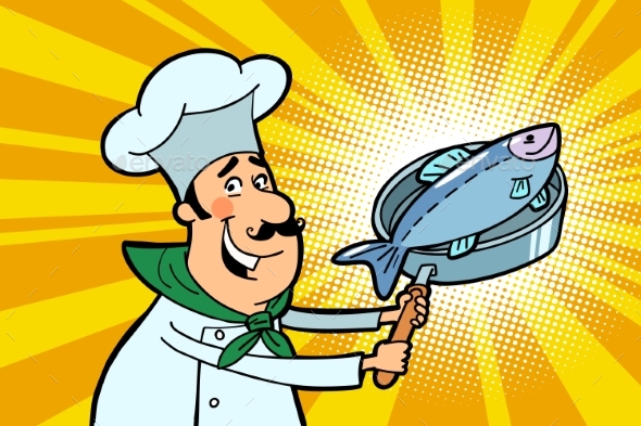 Chef Cook Character with Roasted Fish - Food Objects