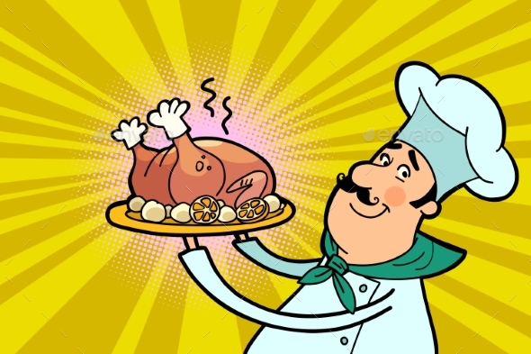 Chef Cook Character with Roast Poultry - Food Objects