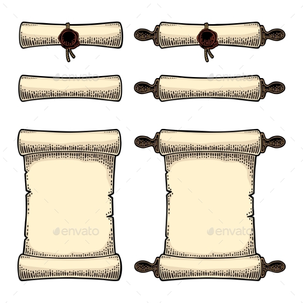 Scroll Set with Seal Isolated on White Background - Miscellaneous Vectors
