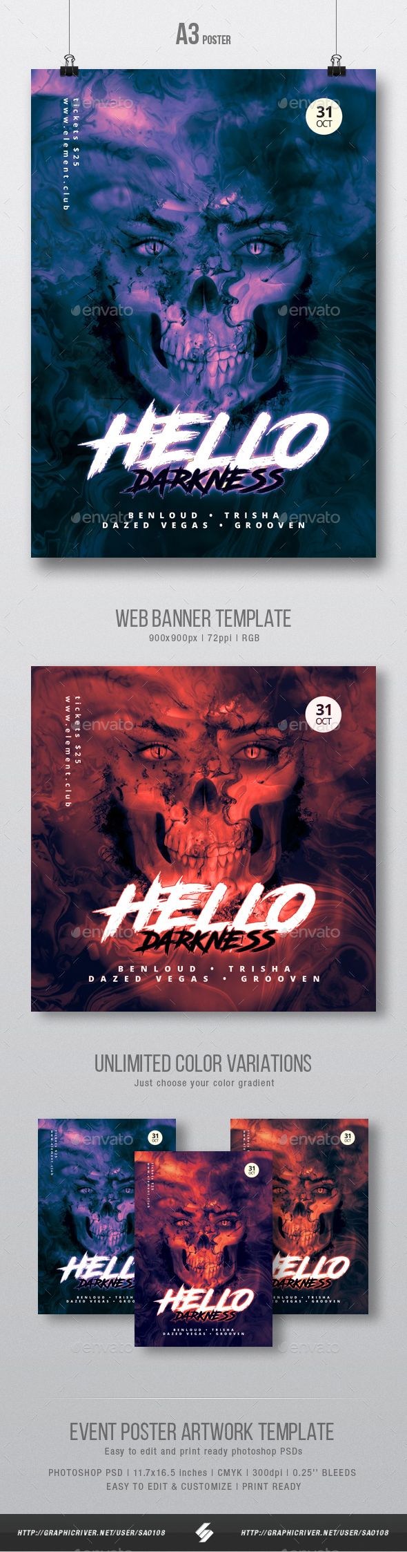 Hello Darkness - Party Flyer / Poster Artwork Template A3 - Clubs & Parties Events
