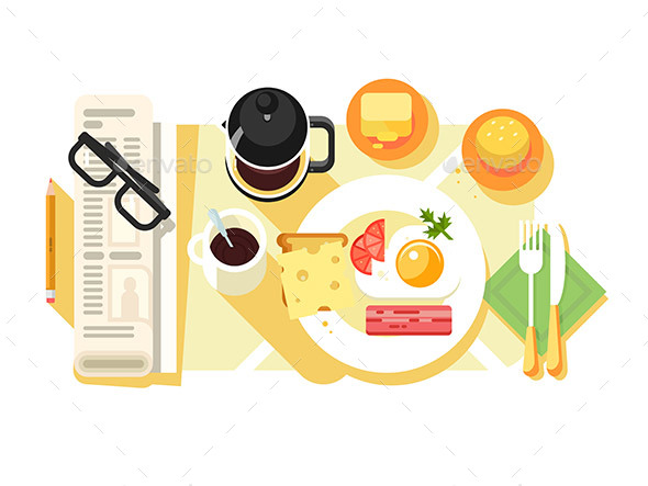 Breakfast Fried Eggs and Coffee Design Flat - Objects Vectors